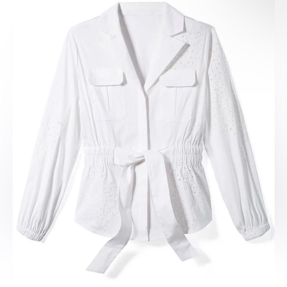 White House Black Market Tie-Waist Embroidered Poplin Shirt White Size Medium